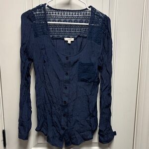 Elegant Navy Button-Down Shirt with Lace Accents